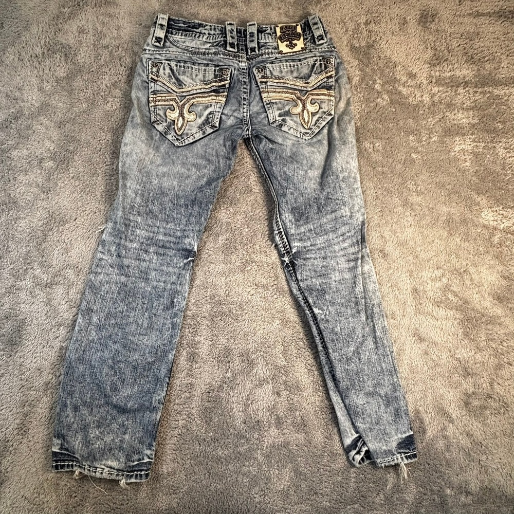 Rock Revival Distressed Acid Wash Straight Leg Jeans Fleur De Lis Pockets